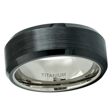 Men Women Titanium Wedding Band Ring 8mm Brushed Black Ceramic Center Beveled Edge Ring