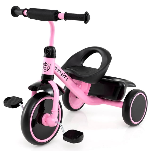 Babyjoy Kids Tricycle Tricycle pour Tout-Petits avec Siège Ajustable et Panier de Rangement, Illustré en Rose avec accents Noirs. Ce Vélo d'Extérieur pour Tout-Petits Présente un Cadre durable en Acier au Carbone, un Siège Ergonomique avec Poignée Découpable, et des Roues en EVA Entièrement Fermées pour des Manœuvres Sécuritaires sur Divers terrains. Comprend des Pédales Antidérapantes, des Guidon Confortables et un Panier de Rangement Arrière pour Jouets Ou Collations. Idéal pour les Enfants de 3 à 5 Ans pour Améliorer les Habiletés Motrices et Profiter des Jeux Extérieurs.