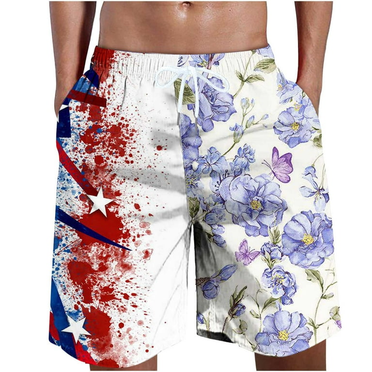 ZCFZJW Men's Swim Trunks Quick Dry Swimsuit Tie Dye USA Flag Patter and  Summer Floral Print Elastic Wasit Drawstring Hawaiian Beach Board Shorts  with Pockets Purple XXXXXL 