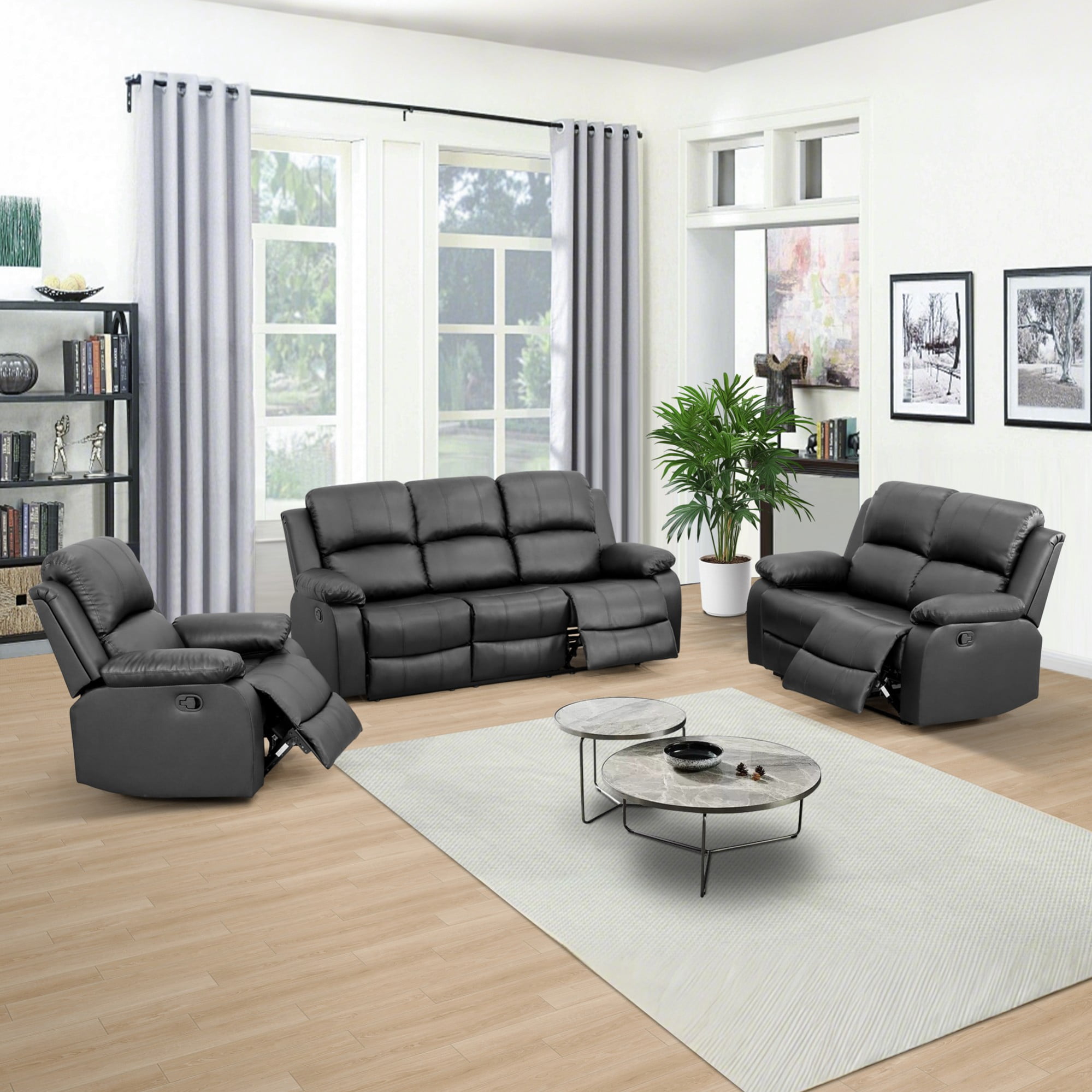 Gewnee Black 3-Piece Living Room Air Leather Recliner Sofa Set