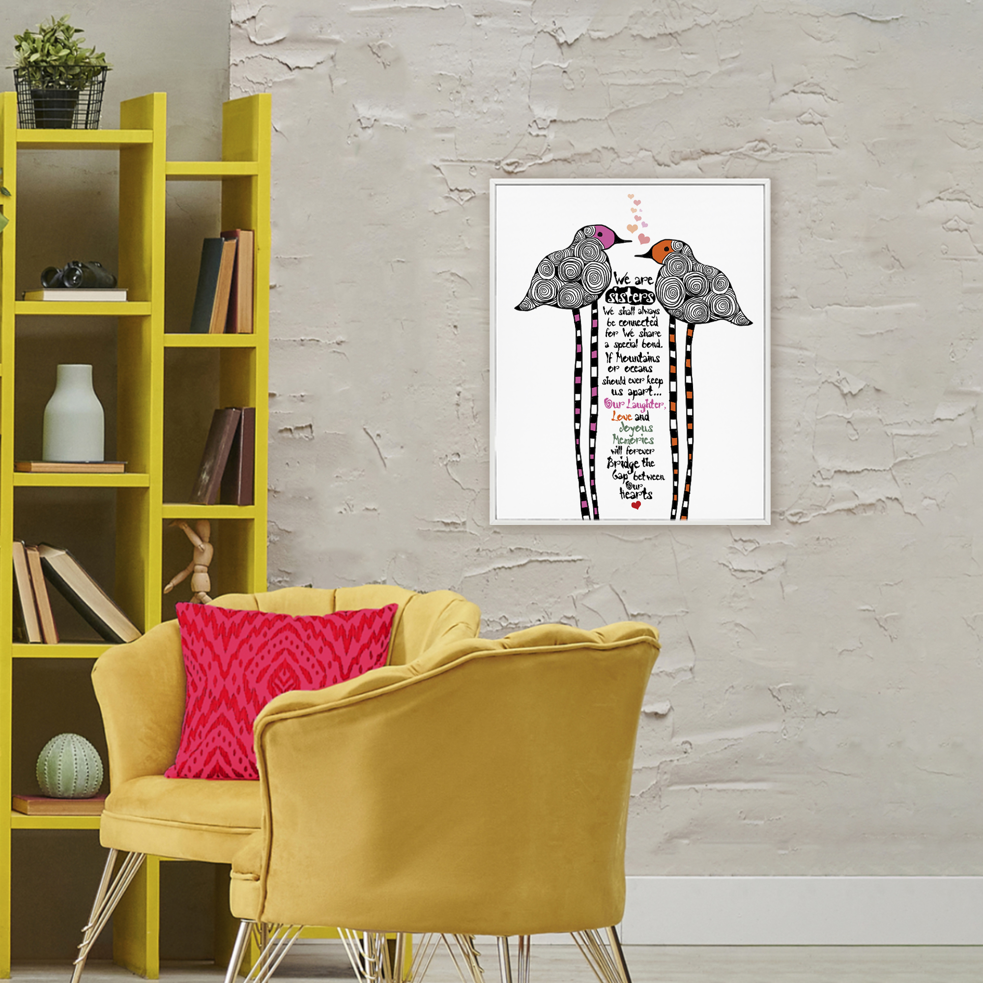 We Are Sisters Bird Duo White Framed Giclee Art, design by Suzanne Millius