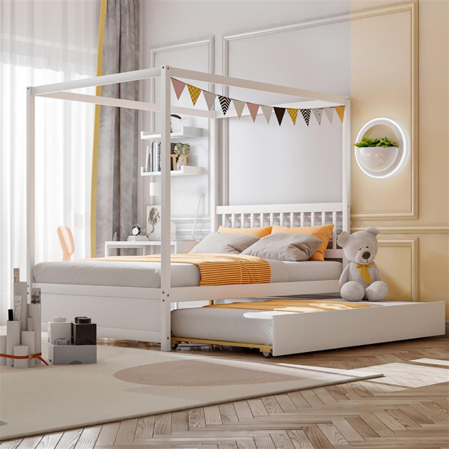 Demi Bonn Full Size Canopy Bed with Trundle Wooden Platform Bed Frame Headboard for Teens, White