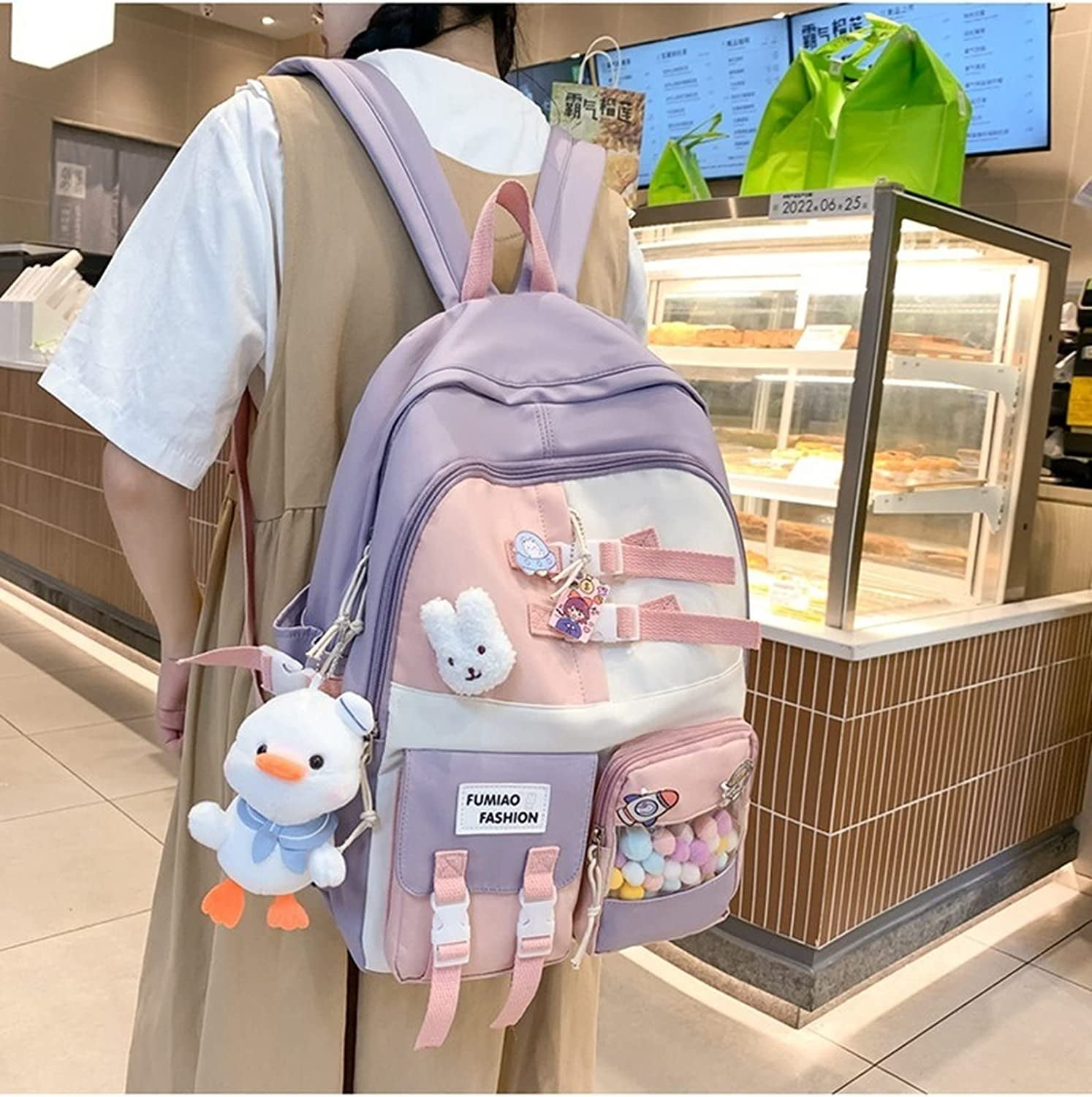 Preppy Backpack Smiling Face with Bunny Plush Cute Aesthetic Backpack  Preppy Stuff Kawaii Accessories Korean College Style (Pink,One Size)