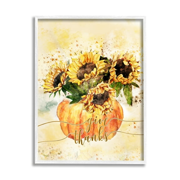 Stupell Industries Give Thanks Phrase Orange Pumpkin Sunflower Floral Burst, 24 x 30,Design by Ziwei Li