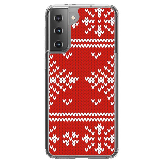 DistinctInk Clear Shockproof Hybrid Case for Galaxy S21 5G (6.2" Screen) - TPU Bumper, Acrylic Back, Tempered Glass Screen Protector - Red White Ugly Christmas Sweater - Christmas All Year