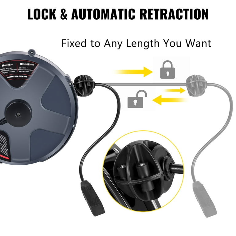 VEVOR Retractable Extension Cord Reel 50+3.2FT, 16/3 SJT Power Cord Reel,  Heavy Duty Electric Cord Reel, Wall/Ceiling Mount Retractable Cord Reel,  Automatic Flexible Triple Tap Connector with Stopper 
