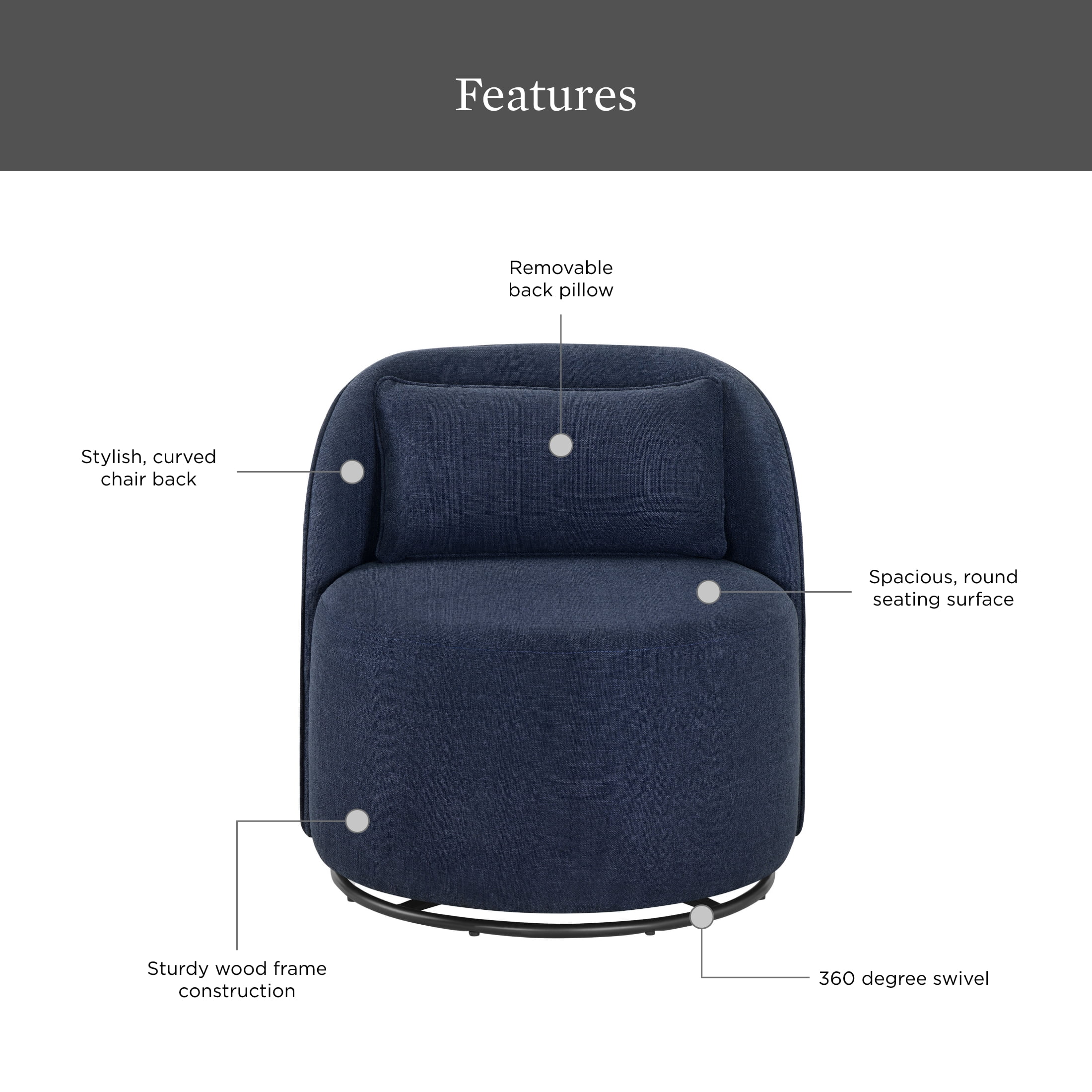 Better Homes & Gardens Juliet Modern Arch Swivel Accent Chair, Navy