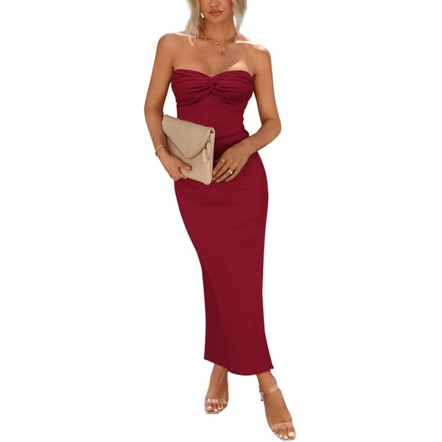 Vestido PRETTYGARDEN XL Rojo Vino Strapless con Nudo Torcido Maxi