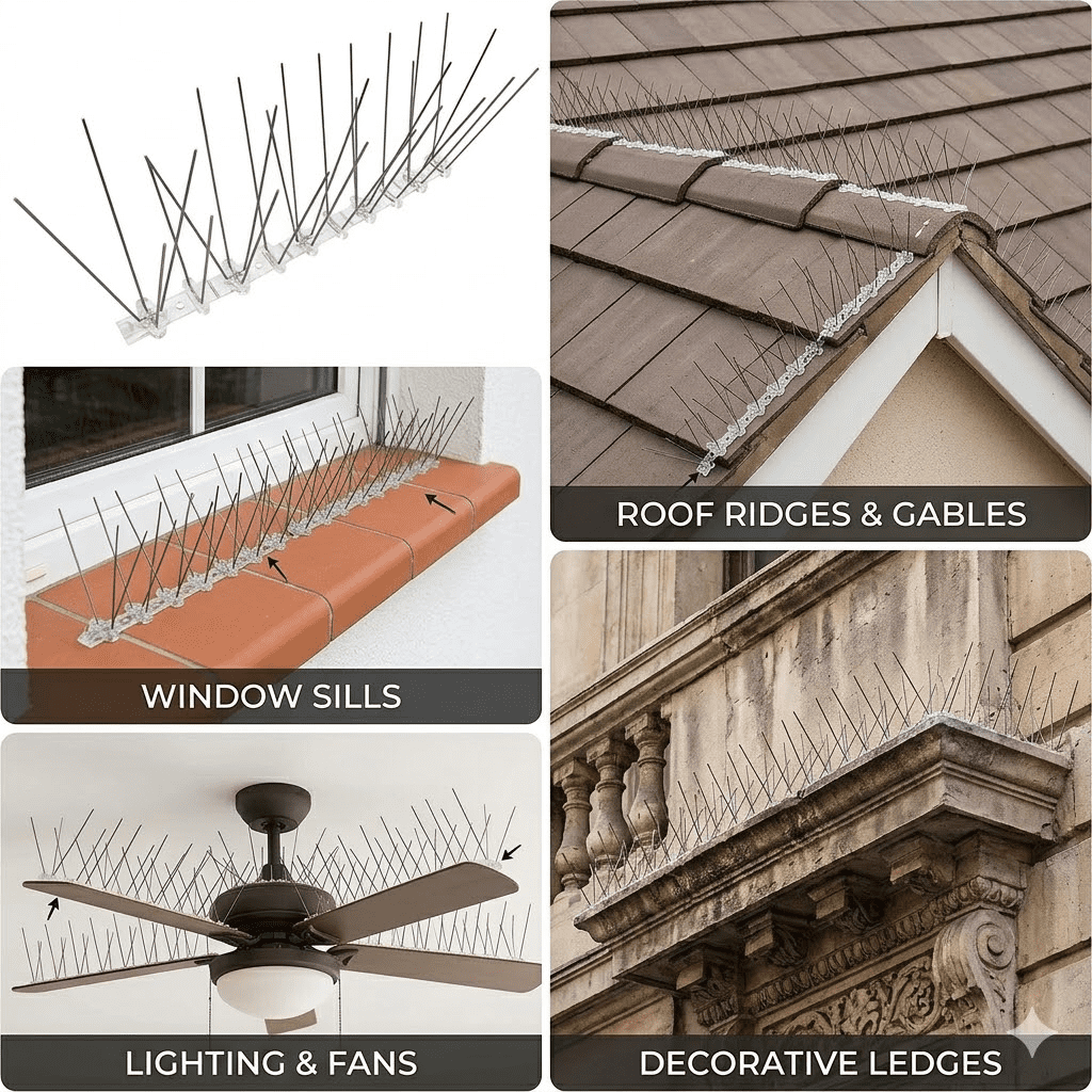 Bird Spikes for Small Birds & Pigeons - 300cm (118in) Bird Deterrent Spikes for Fence, Roof & Window Sills - Upgraded Anti-Bird Strips to Keep Birds, Cats & Squirrels Away Set of（10）