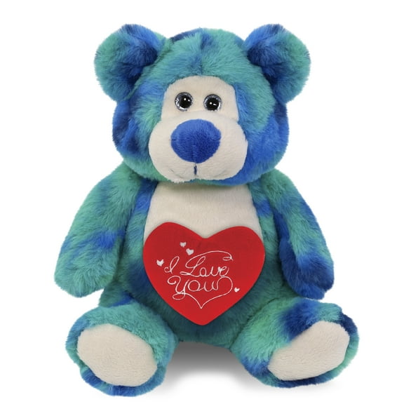DolliBu I Love You Plush Super Soft Blue Tie-Dye Bear - Cute Stuffed Animal Bear with Red Heart Plush for Valentines, Anniversary, Romantic Date, Boyfriend, or Girlfriend Gift - 9 Inches