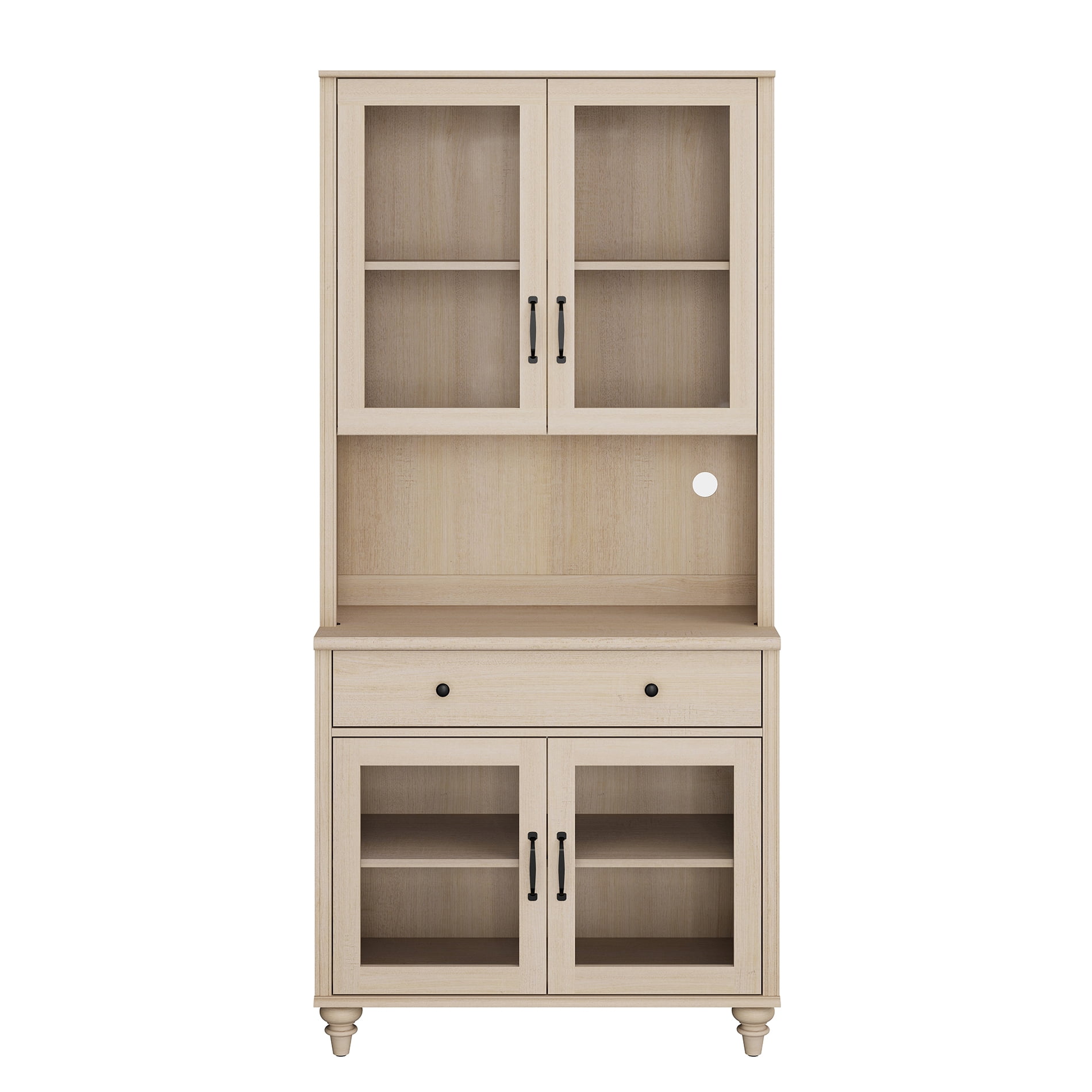 72"H x 33.9"W 5,Tier Farmhouse Wooden Bookcase, Display Bookshelf with Glass Doors, Roomy Storage Cabinet & Wood Drawer, Library Book Shelf for Living Room, Office, Kitchen, Beige