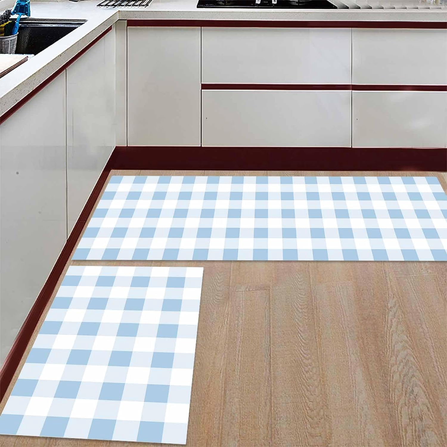 Easter Kitchen Rugs and Mats 2 Pieces Blue Buffalo Plaid Runner Rug Sets White Check Soft Comfort Standing Kitchen Mats for Floor Absorbent Area Rugs Carpet Farmhouse Cushioned Doormat Home Decor