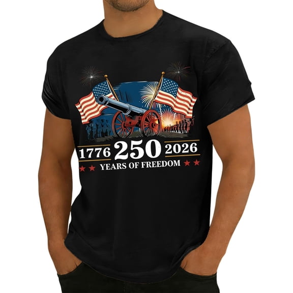 Zimjoy Men's 4th of July T-Shirts Patriotic Cannon Fireworks Graphic Tee Shirts 250 Years of Freedom Crew Neck Short Sleeve Tops, Black L