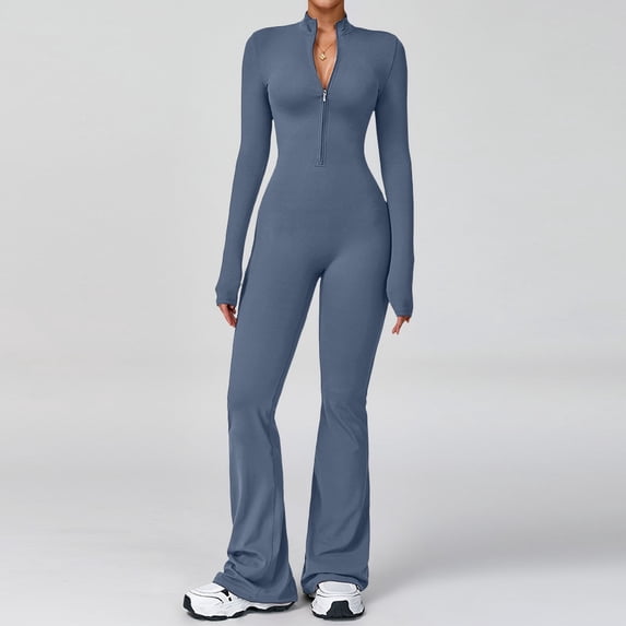 QHFBli Women Long Sleeve Flared Jumpsuit Zip Up Romper One Piece Full Bodysuits Yoga Unitard Wide Leg Catsuit