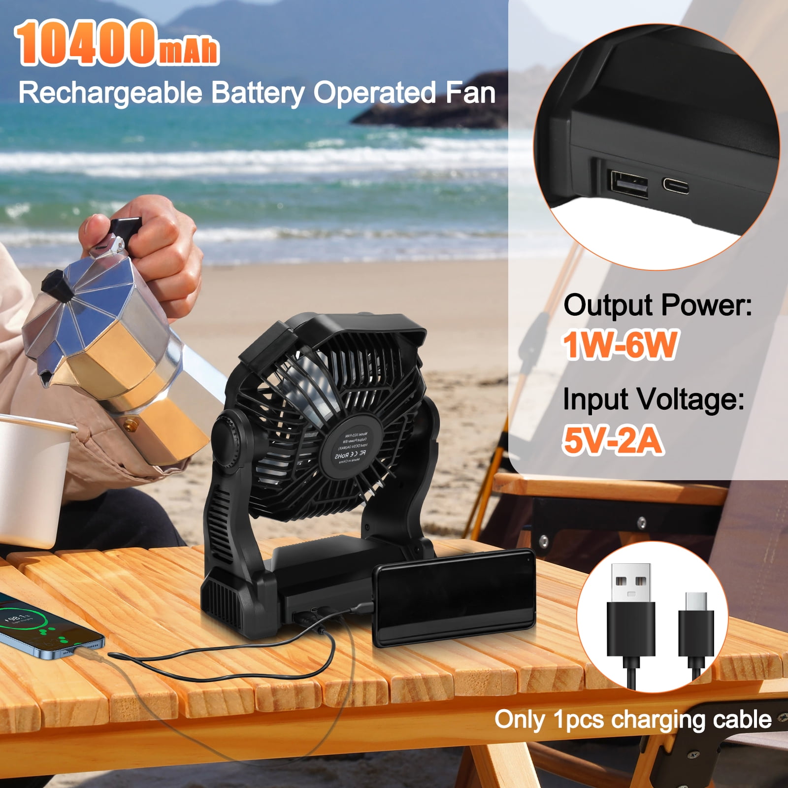 Rechargeable Camping Fan with LED Lantern, 10400mAh Portable Battery Operated Oscillating Fan for Tent, Table Fan for Picnic Fishing Travel Office,Black