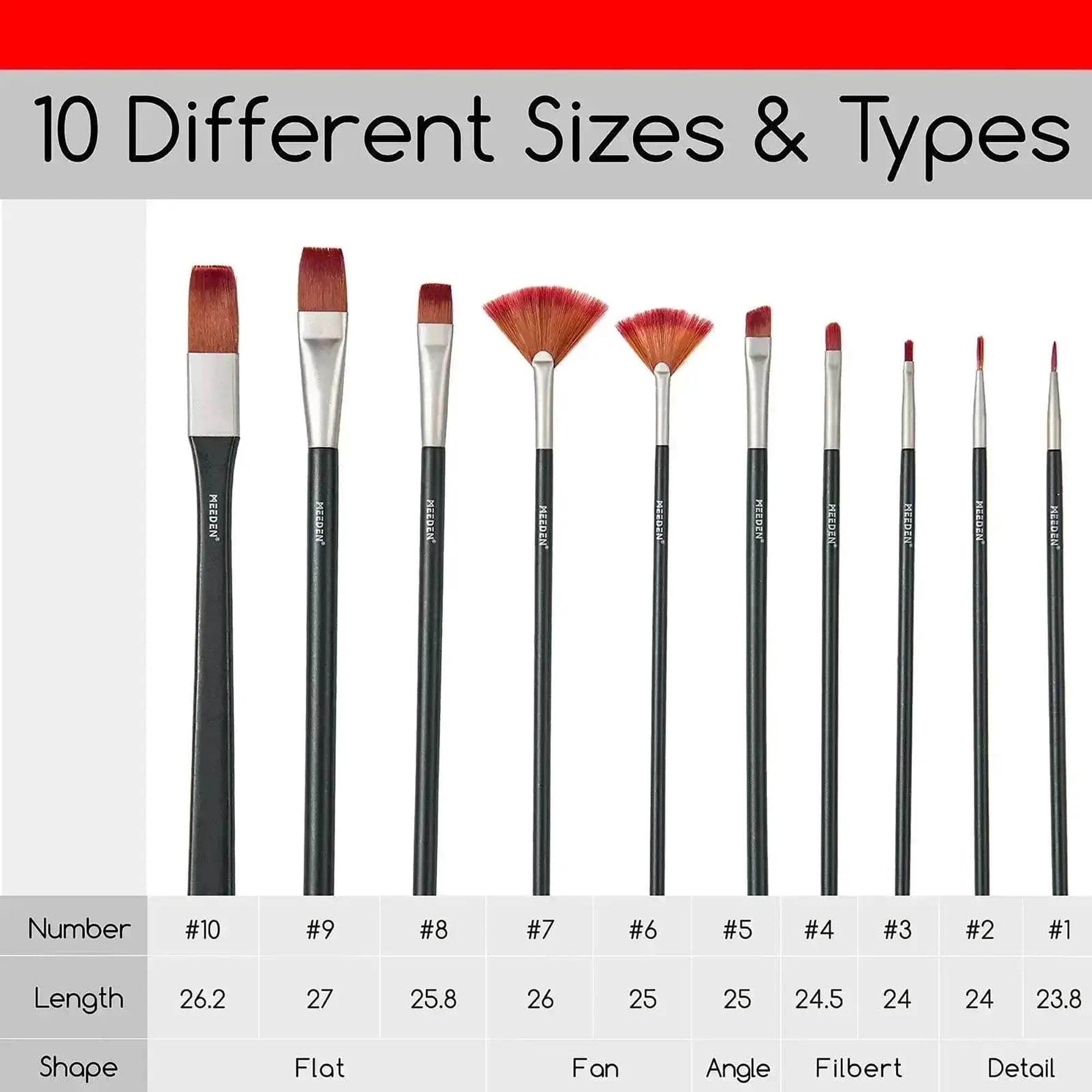 MEEDEN: Acrylic Paint Brushes Set - 10 Piece Variety - Flat, Fan, Angle & Detail Professional Brushes, Nylon Bristles, Natural Wood, Ergonomic Shaped