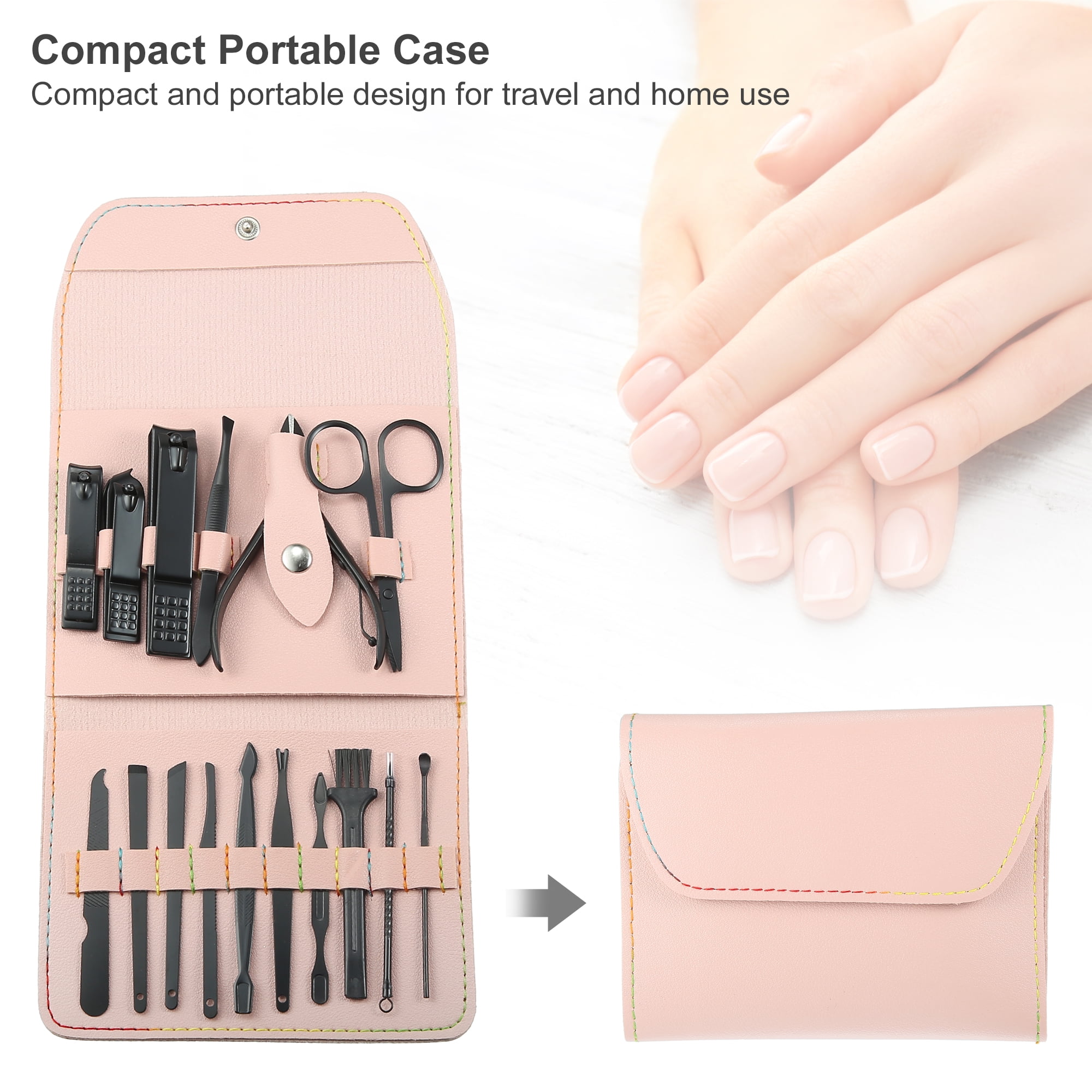 Unique Bargains 16 pcs Manicure Set with Pink PU Case Personal Care Stainless Steel Black