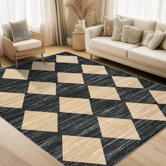 Tapis 9x12 Lavable Tapis Noirs pour Salon Salle à Manger Bureau Antidérapant Tapis Neutre Tapis à Carreaux Usés Résistant aux Taches Couvre-Plancher Style Ferme Noir et Brun