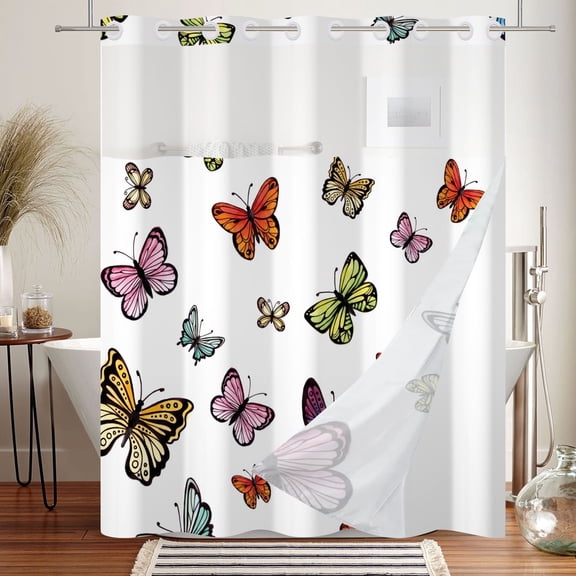 Mizhona Butterfly Shower Curtains with Snap in Liner Watercolor Butterfly on White No Hook Fabric Bathroom Curtain，71"x74"