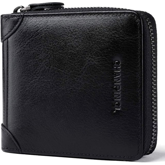 Cartera de Cuero Genuino para Hombre con Zíper, RFID, Segura, de Gran Capacidad, Doble Pliegue, Multi-tarjeta, Carteras de Cuero para Hombre y Monedero