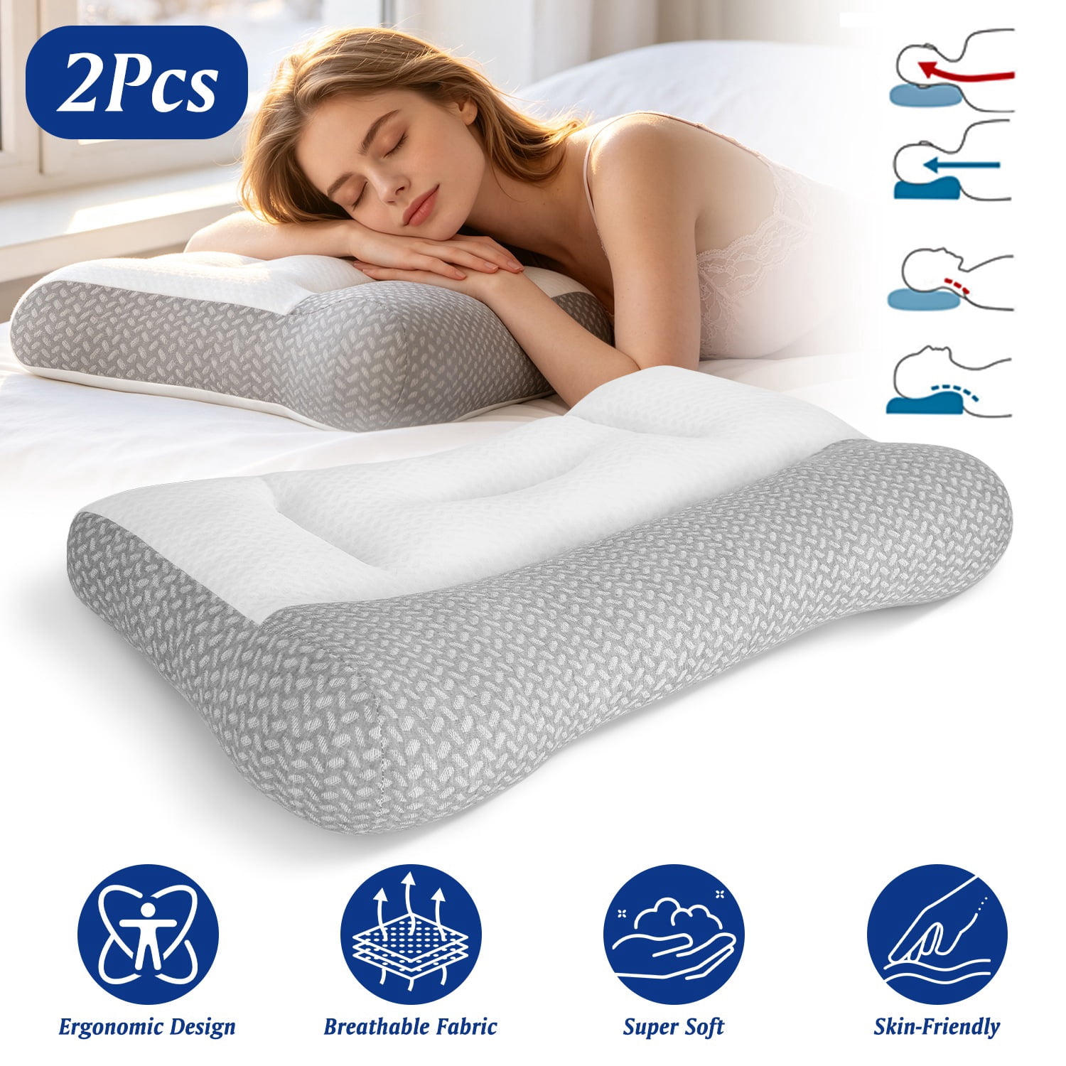 2 Pcs Breathable Mesh Ergonomic Sleep Pillow, Dual-Sided High & Low Zoned Support with Ear Slot, Down-Alternative Fiber Fill for Side Back Belly Sleepers