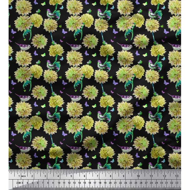 Soimoi Green Polyester Crepe Fabric American Robin,Insect & Flower Print Sewing Fabric BTY 52 Inch Wide