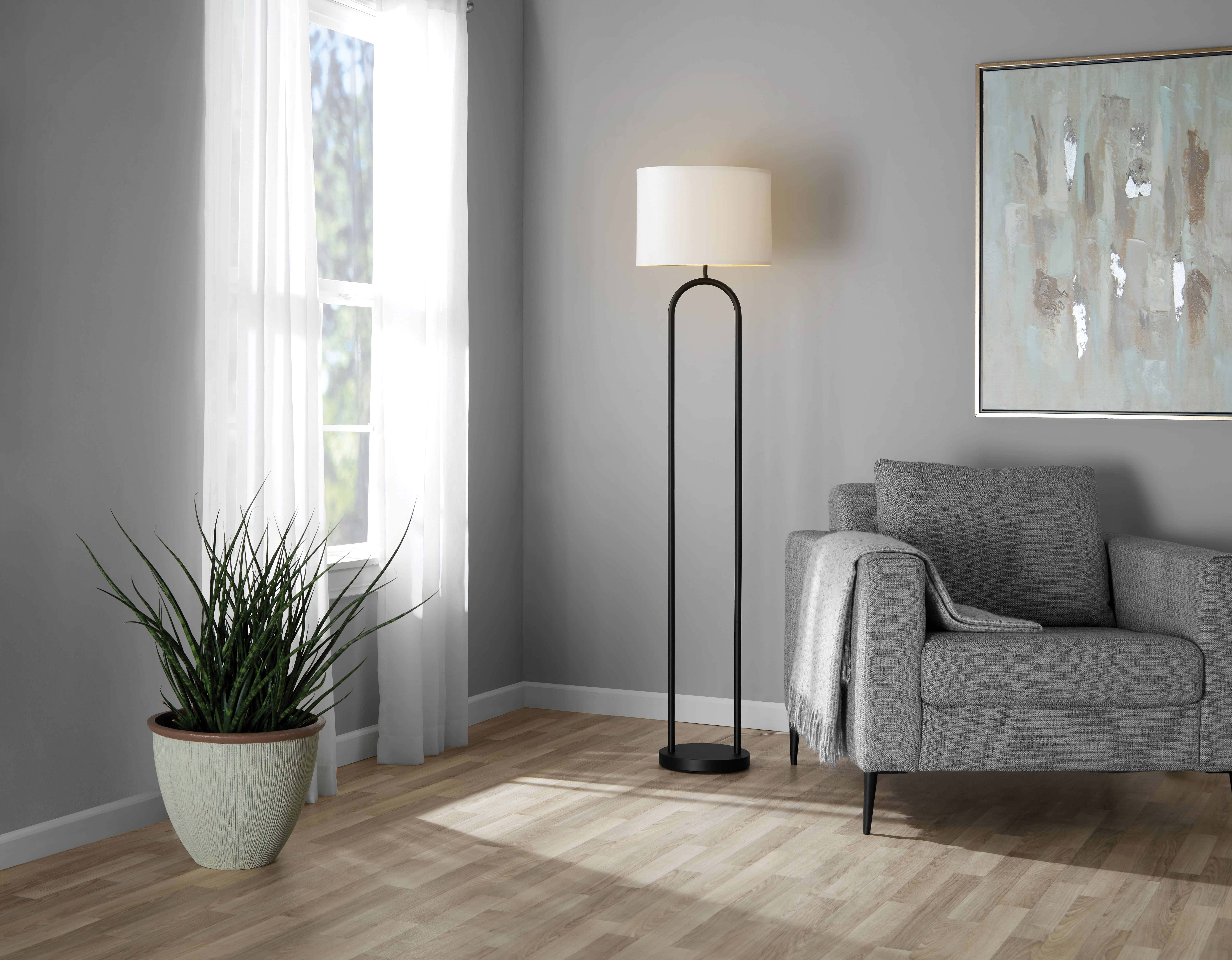 Mainstays 64" Dual Pole Arch Metal Floor Lamp, Black Finish with White Fabric Drum Shade