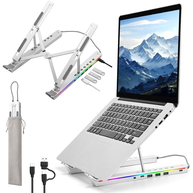 Laptop Stand with USB、Type C and RGB Lights Aluminum Adjustable Foldable Laptop Stand for Desk Ergonomic Portable Laptop Riser Holder Compatible with Laptops and iPad . Si