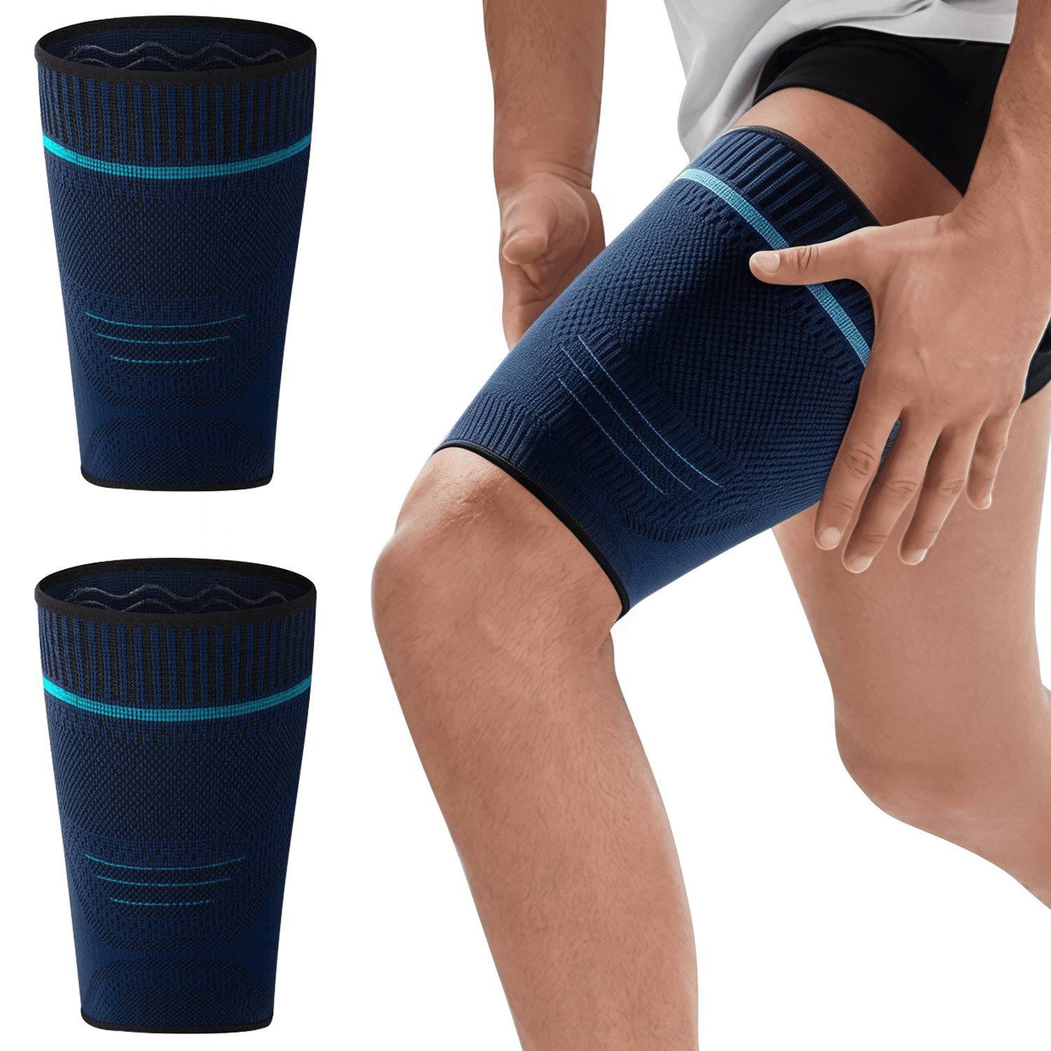 Thigh Compression Sleeve 1 Pair, Large Size for 155-187 lbs, Anti-Slip Upper Leg Support for Hamstring and Quad, Breathable Wrap for Sports and Daily Wear, Blue
