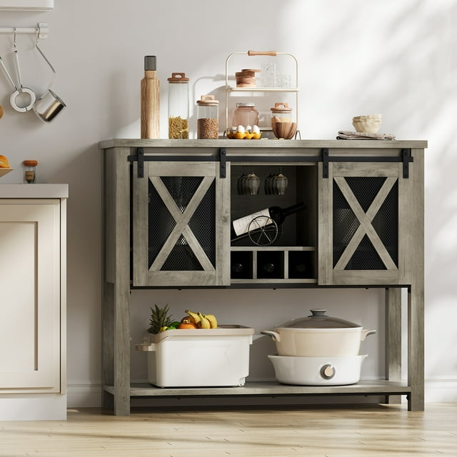 46.5" Coffee Bar Cabinet with Sliding Barn Doors, Stemware Rack & 9-Bottle Wine Storage for Kitchen & Dining Room
