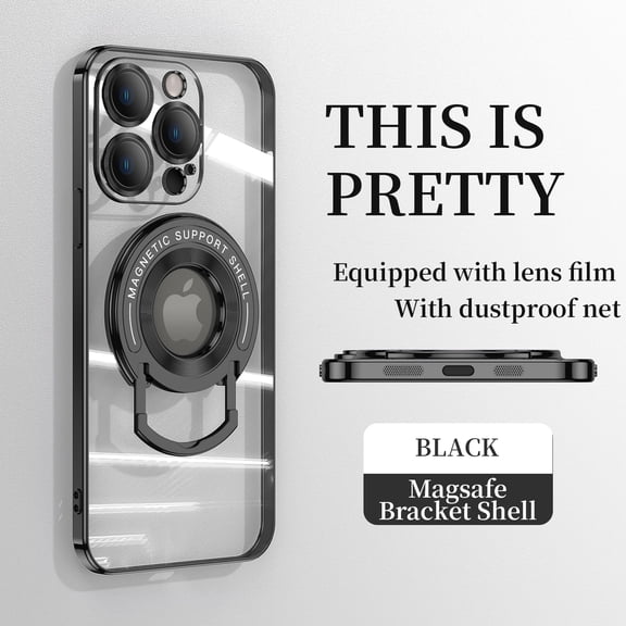 Compatible with iPhone 16 Pro Case with 360° Spin Magnetic Ring Stand [Compatible with MagSafe] Full Camera Lens Protector Plating Clear Luxury Phone Case for iPhone 16 Pro, Black