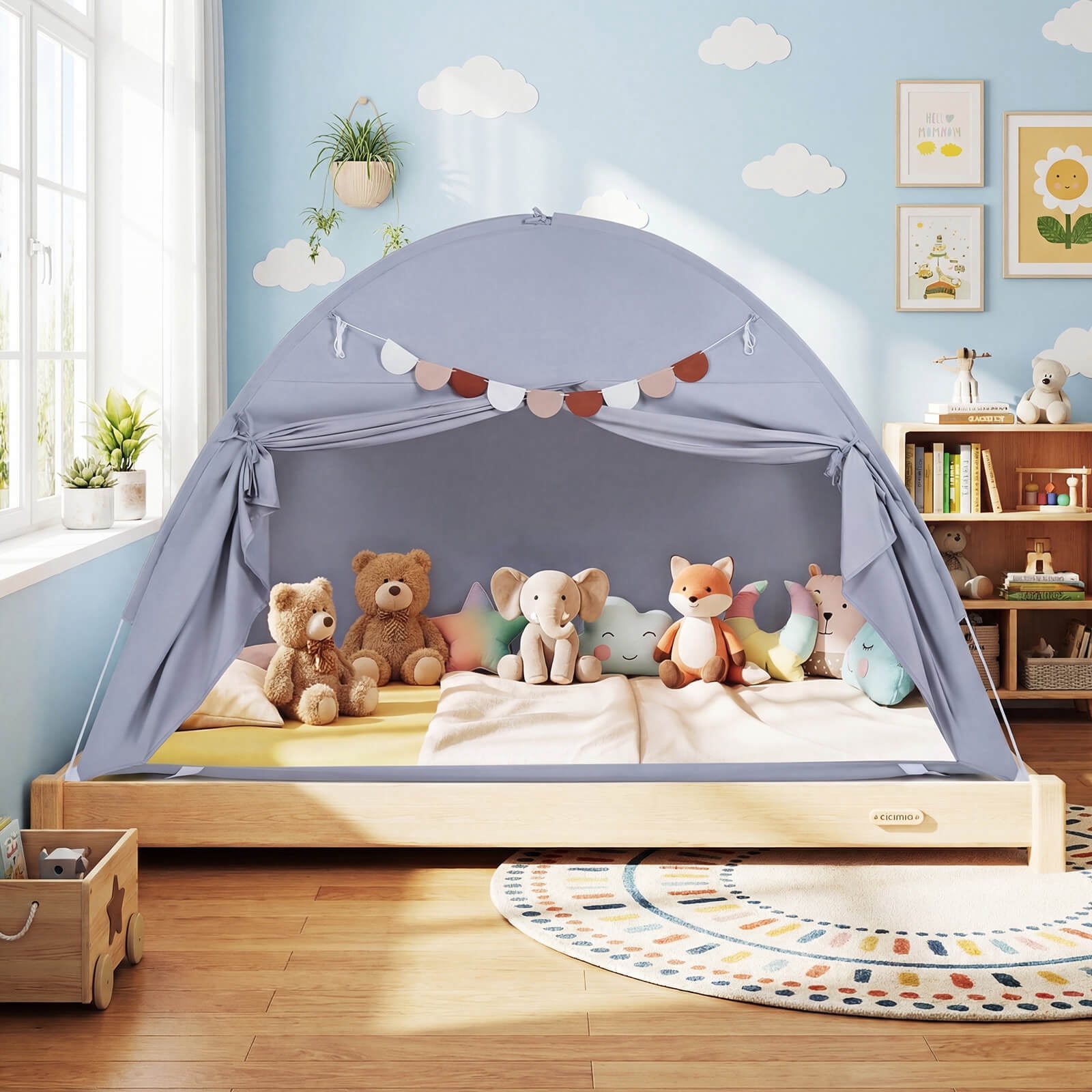 Infans Twin Full Size Bed Tent w/2 Windows, Flags for Boys & Girls Aged 3+ Years Old