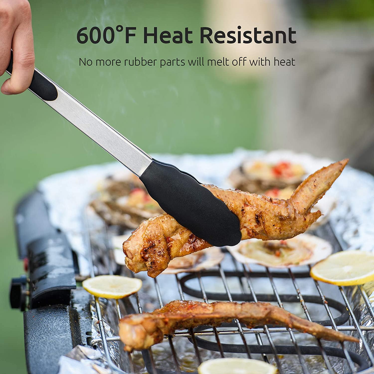 600°F Heat Resistant Kitchen Tongs: U-Taste 7/9/12 inch Silicone Cooking Tong Set with Non Stick Rubber Tips and Silicon Coated 18/8 Stainless Steel Handle for Serving Grilling Salad(Black)