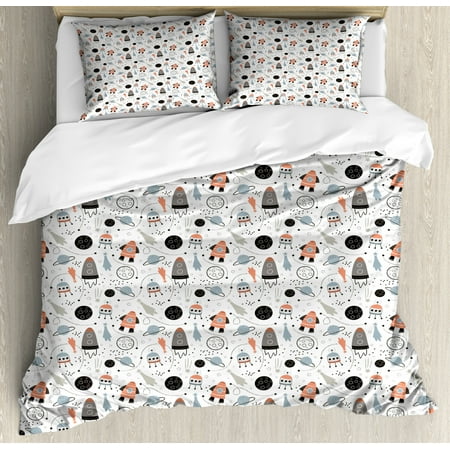 Kids Boys King Size Duvet Cover Set Hand Drawn Outer Space Ufo Kids Boys King Size Duvet Cover Set