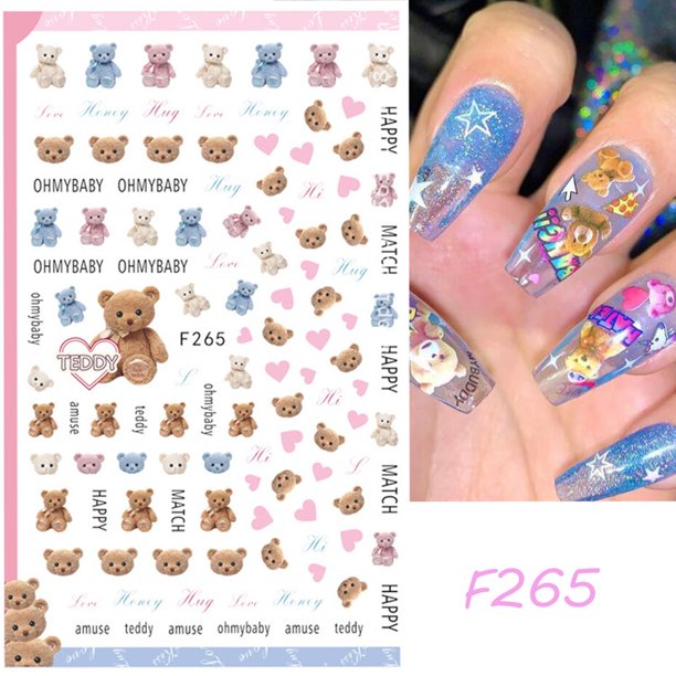 Pegatina de Arte de uñas de oso de peluche Kawaii 3D, calcomanía autoadhesiva de dibujos animados, diseño de fantasía lindo, deslizadores, accesorios de decoración de manicura