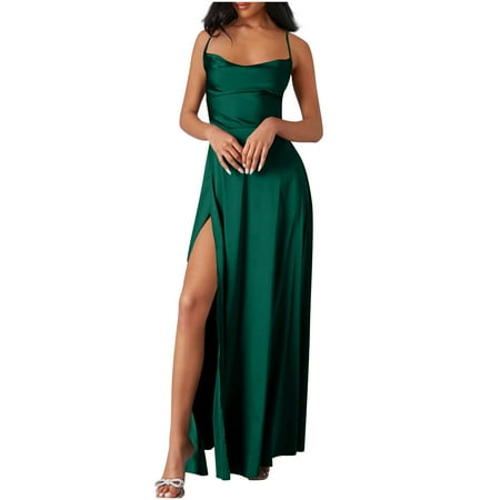 AHTJRT Satin Bridesmaid Dresses Long Formal Pleated Aline Corset Prom Slit Evening Party Gowns Green#001 8(L)