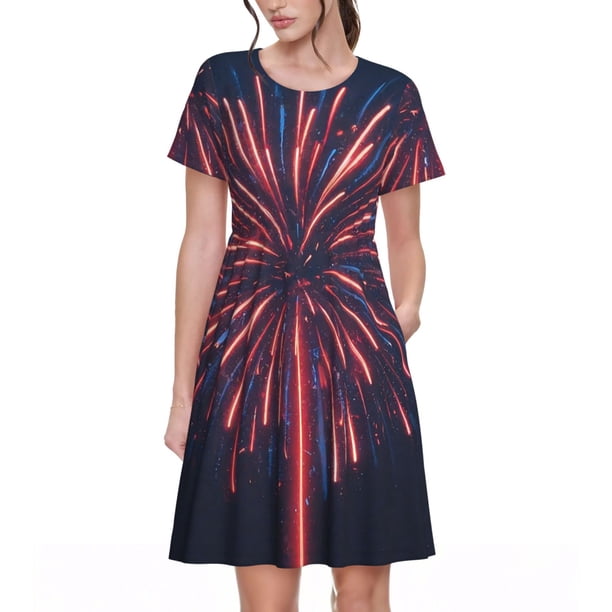 Balery Fireworks3 Vestidos sueltos de manga corta para mujer, vestidos de verano 2025, vestidos casuales de corte A con vuelo.