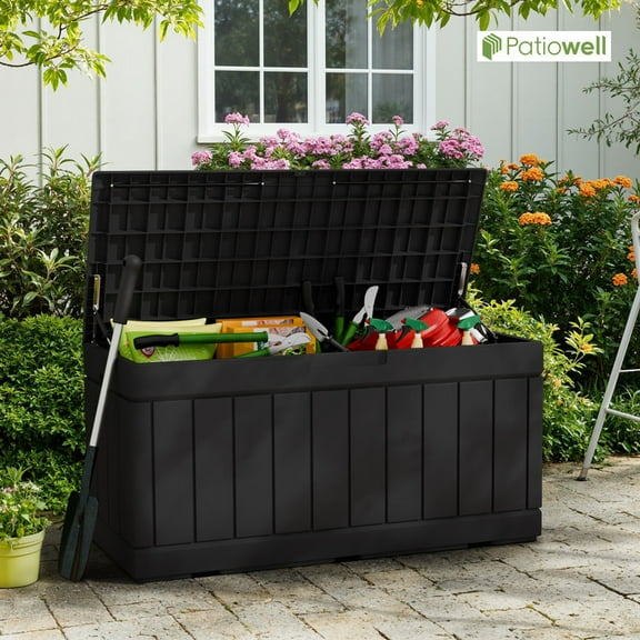Patiowell 82 Gallon Deck Box Outdoor Storage Resin Wood Look Storage Box with Lockable lid for Patio Furniture, Black