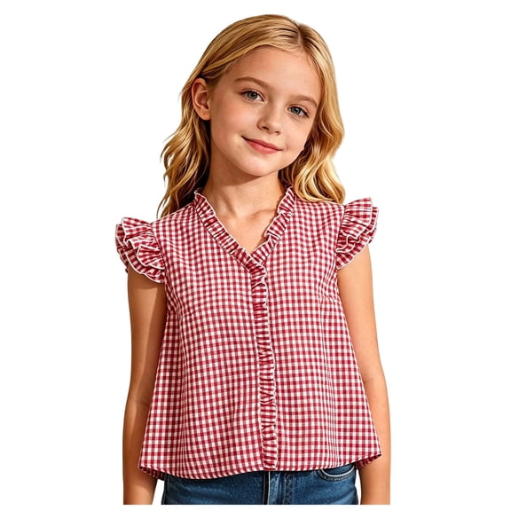 Mnyotv Girls Dirndl Blouses Traditional Summer Plaid T Shirts Flutter Sleeve Ruffle V Neck Tops Size 9-10 Years