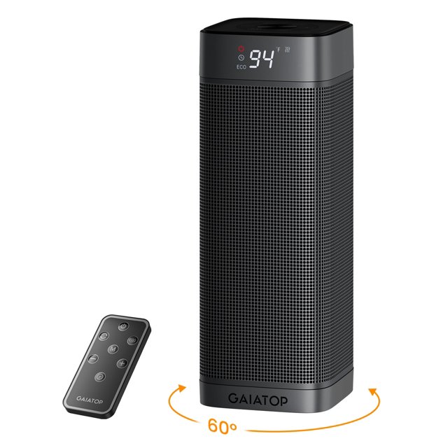 calentador portátil eléctrico GAIATOP de 1500 W con mando a distancia, torre cilíndrica gris oscuro en vista 3/4 con rejilla perforada, panel digital superior muestra '94' e indicador ECO, base con logo GAIATOP, mando remoto negro y flecha que indica oscilación de 60°; ideal para calentar rápidamente salas, oficinas y dormitorios.