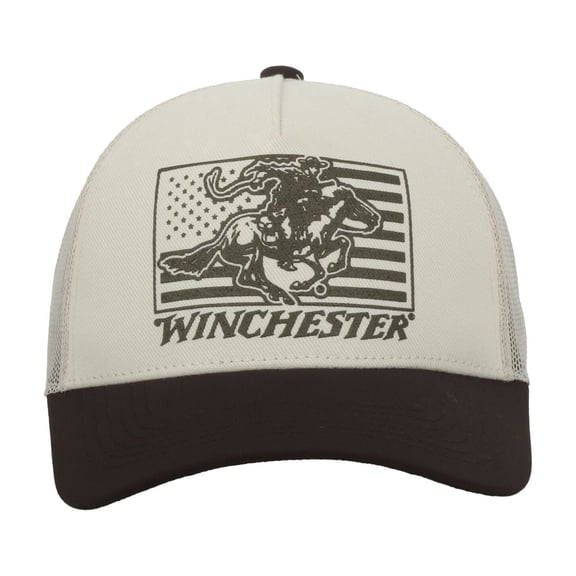 Winchester Structured 5-Panel Trucker Hat – American Flag Screen Print, Meshback Cap, Putty/Brown, One Size