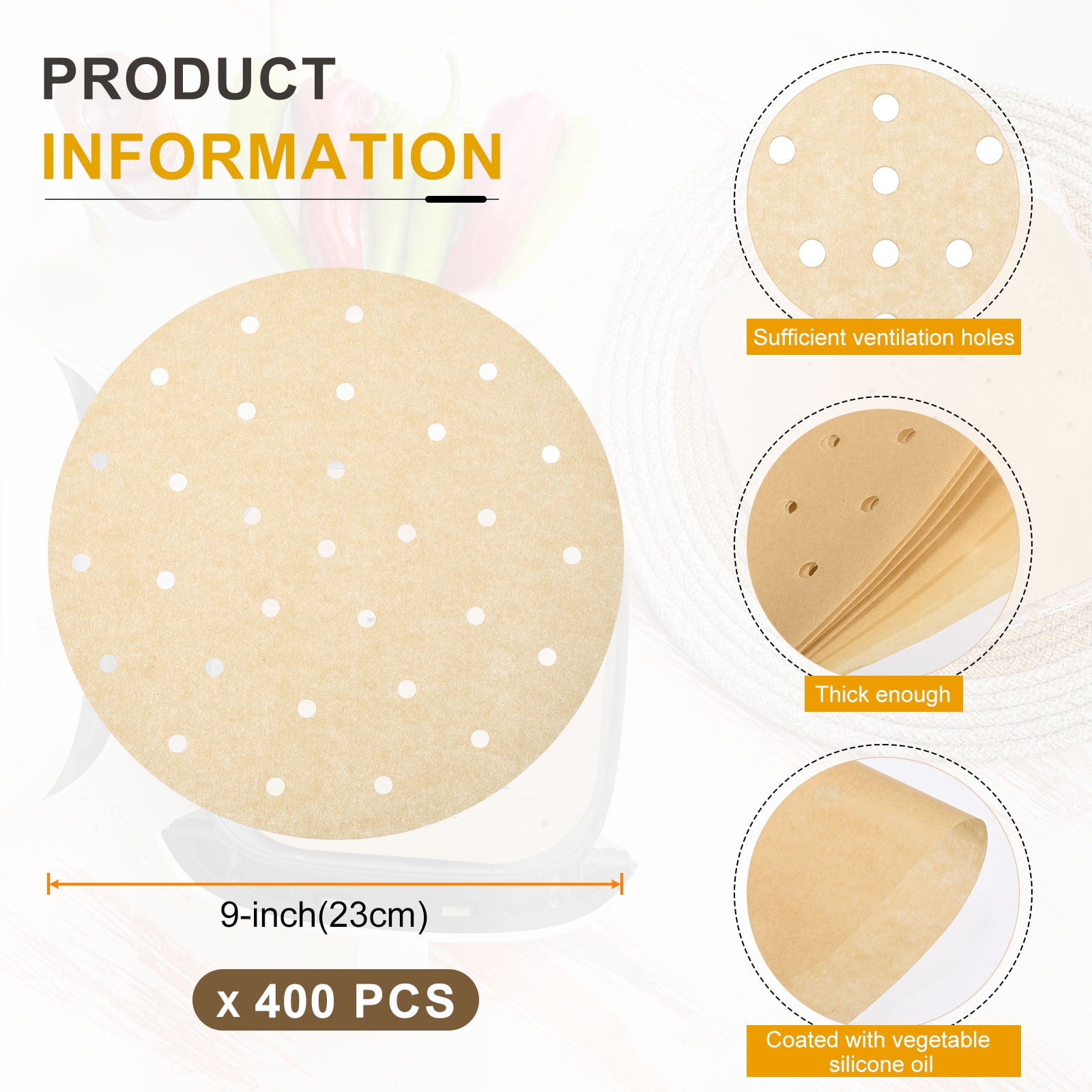 Uxcell 400pcs Air Fryer Liners 9 Inch Round Bamboo Steamer Liners with Holes Non-Stick Perforated Parchment Paper Sheets Disposable Steamer Paper for Air Fryers Steaming Basket, Brown