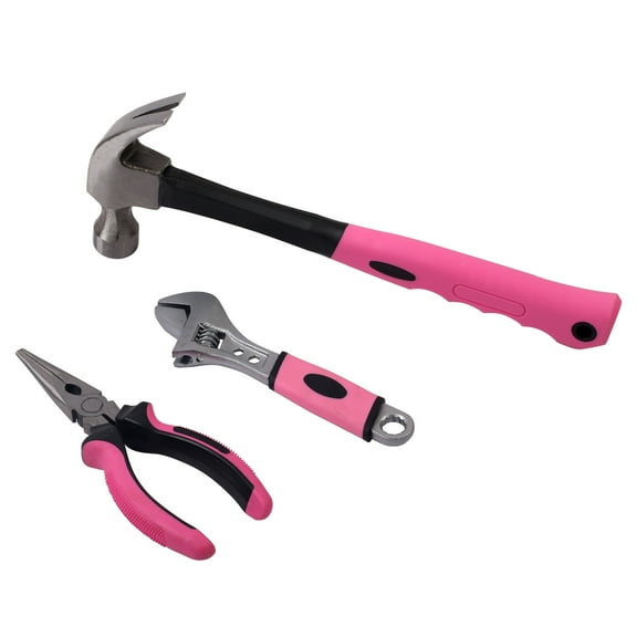 3-PC PINK DO-IT-YOURSELF SET, PLIERS, HAMMER, ADJUSTABLE WRENCH
