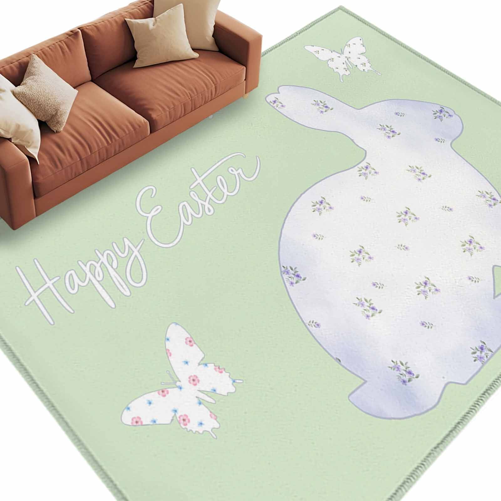 Happy Easter Bunny Area Rugs Collection 5 x7 Rabbit Butterfly Spring Flowers Green Non Slip Indoor Rectangle Throw Runner Rug Floor Mat Carpet for Living Room Dining Table Bedroom Nursery