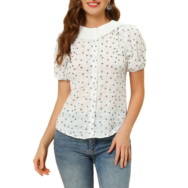 INSPIRE CHIC Inspired Women's Floral Puff Sleeves Pleated Collar Button Down Shirt XS White