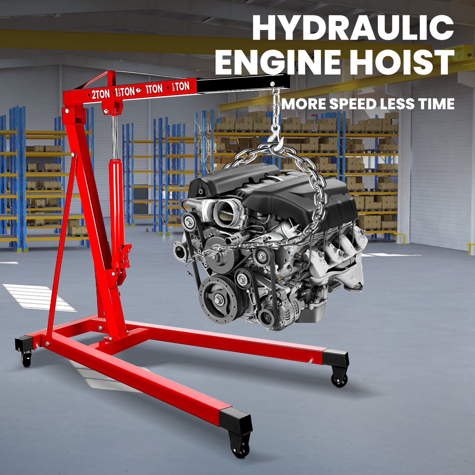2 Ton Hydraulic Garage Crane, Red Alloy Construction, Adjustable Arm, Engine Crane, Hydraulic Repair Lift, Auto Workshop, Factory Equipment