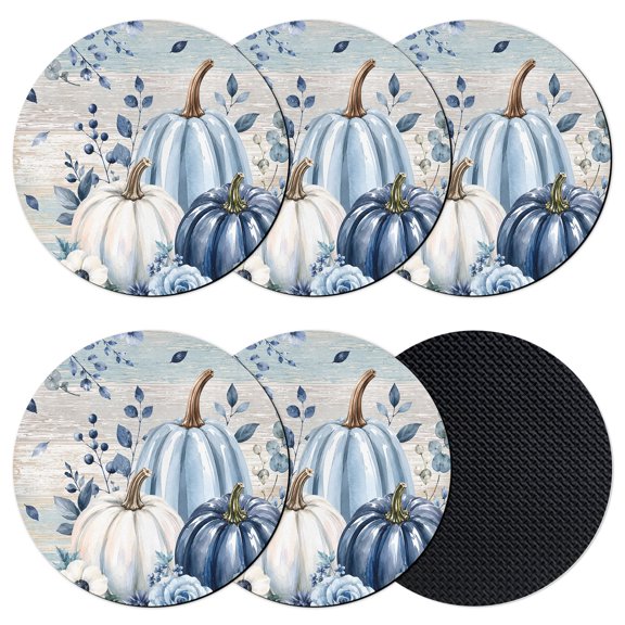 Blue Fall Pumpkins Coasters Set of 6, Absorbent Coasters for Drinks, Botanical Autumn Maple Leaves Thanksgiving Coaster for Desk Coffee Table Protection, Home Decor House Warming Gifts 4"
