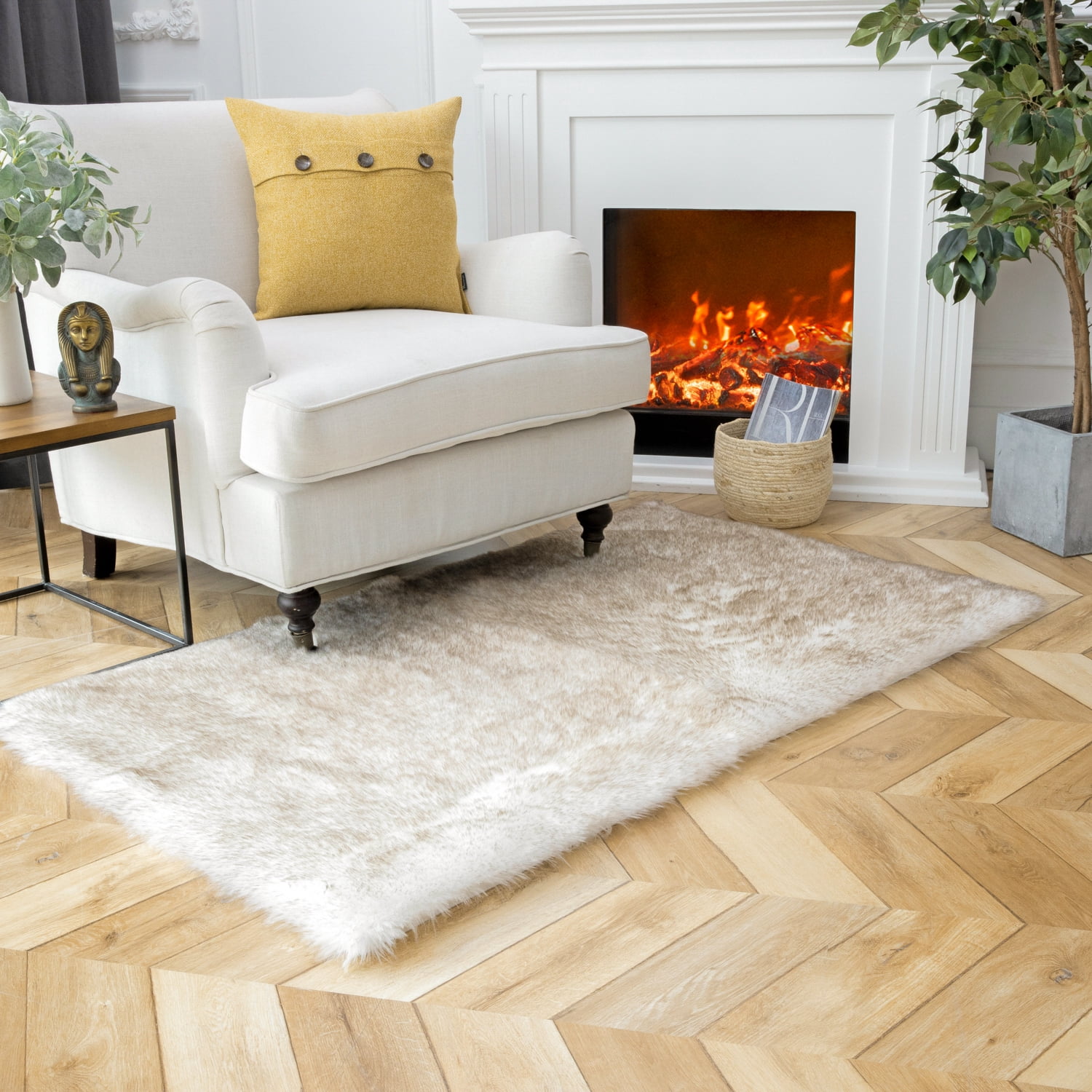 Phantoscope Ultra Soft Faux Fox Fur Series Decorative Indoor Area Rug 3x5 Feet Rectangle, White with Brown Tip, 1 Pack