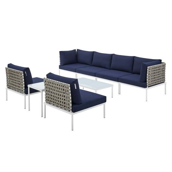 Lounge Sectional Sofa Chair Table Set, Sunbrella, Aluminum, Metal, Steel, Blue Navy, Modern Contemporary Urban Design, Outdoor Patio Balcony Cafe Bistro Garden Furniture Hotel Hospitality