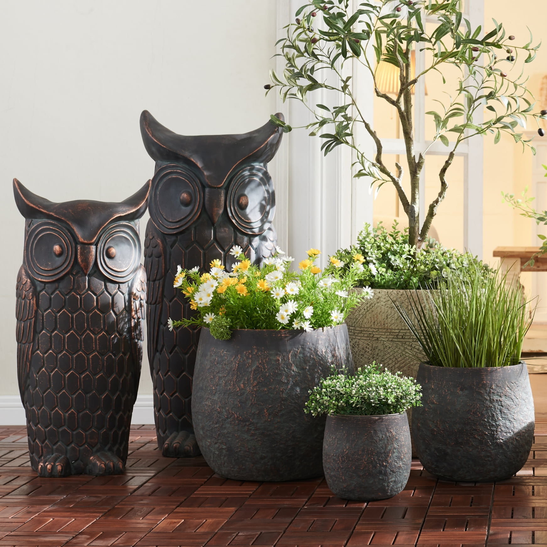 Wallowa 17.7"+13"+9.1" Dia Round Weathered Concrete Planter set of 3, Flower Pots with Drainage Holes for Indoor or Outdoor, Bronze Rust